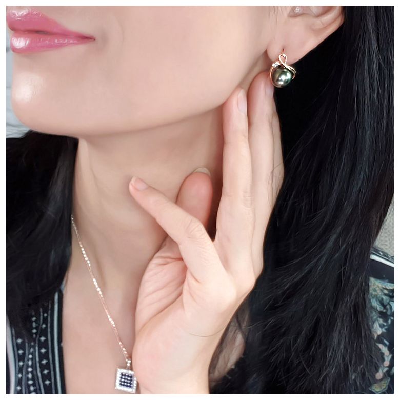 Boucles oreilles dormeuses clips - Perles de Tahiti - Or jaune, diamants - 2