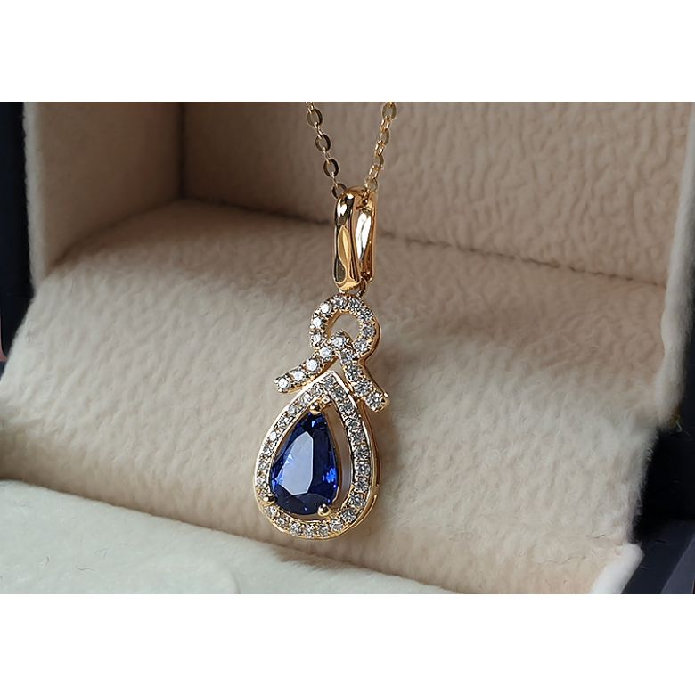 Pendentif Or jaune 18 carats - Saphir et diamants en poire - 4