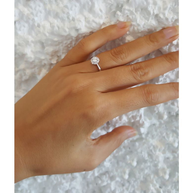 Solitaire bague platine - Coeur caillouté - Pavage diamants 0.33ct - 8