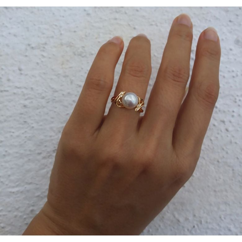 Bague fleur - Or jaune, Diamants - Perle de culture, Eau douce - 2