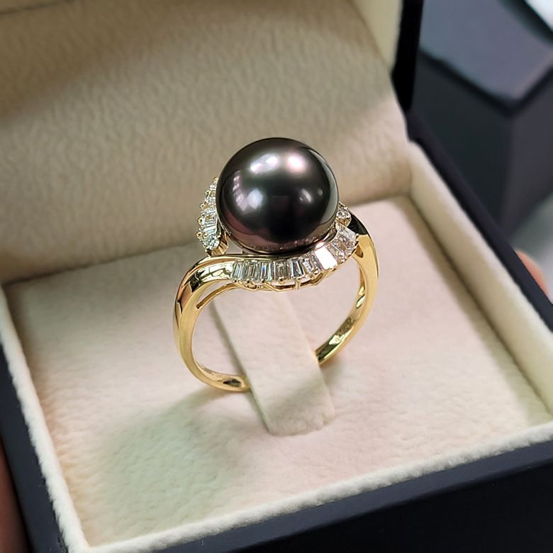 Bague couronne diamantée - Perle de Tahiti, or jaune - 8