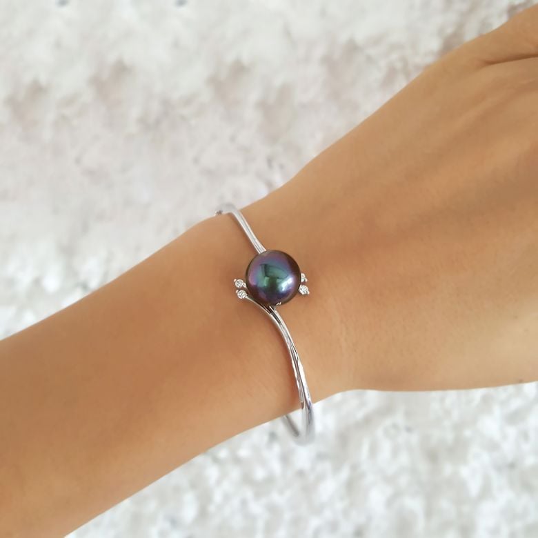 Bracelet jonc original - Perle de Tahiti noire - Or blanc, diamants - 2