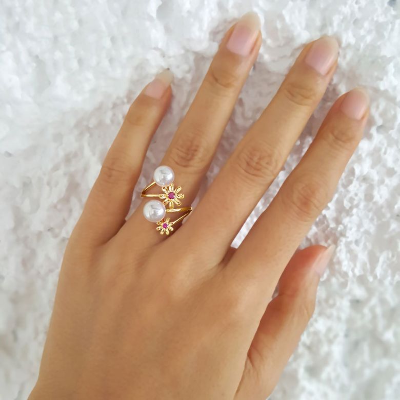 Bague or jaune Toi et Moi Perles Akoya. Fleurs, Saphirs roses - 2