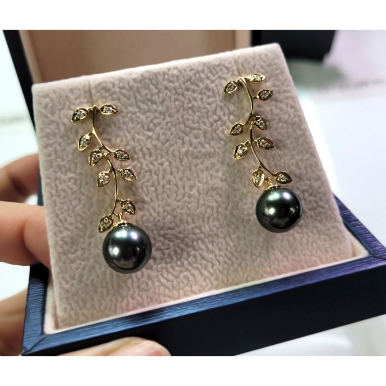Boucles d'oreilles Nature - Perles de Tahiti noires - Or jaune, diamants - 3