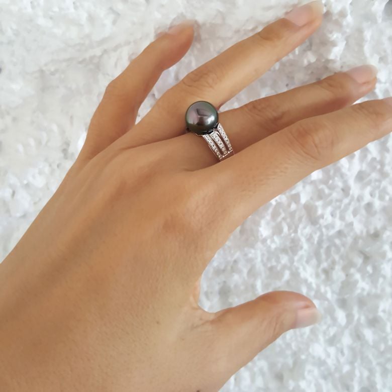 Bague perle de Tahiti - Or blanc - Pavage diamants micro sertis - 8