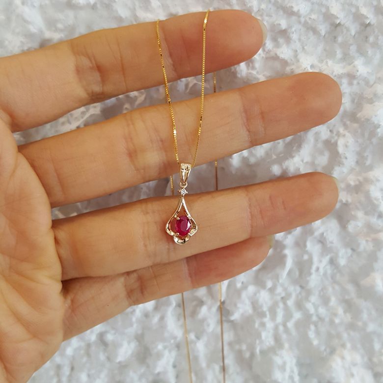 Pendentif solitaire - Or jaune - Rubis et diamant en pendeloque - 4