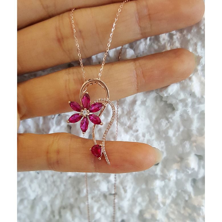 Pendentif Fleur en or rose -  Rubis et diamants sertis - 2
