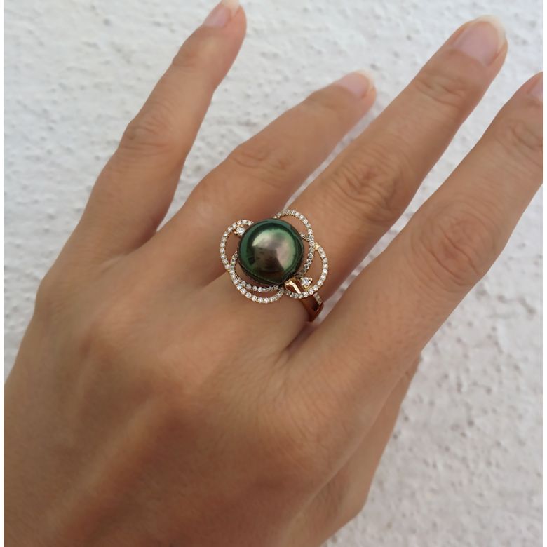 Bague fleur - Un matin de rosé - Perle de Tahiti, or blanc, diamants - 5