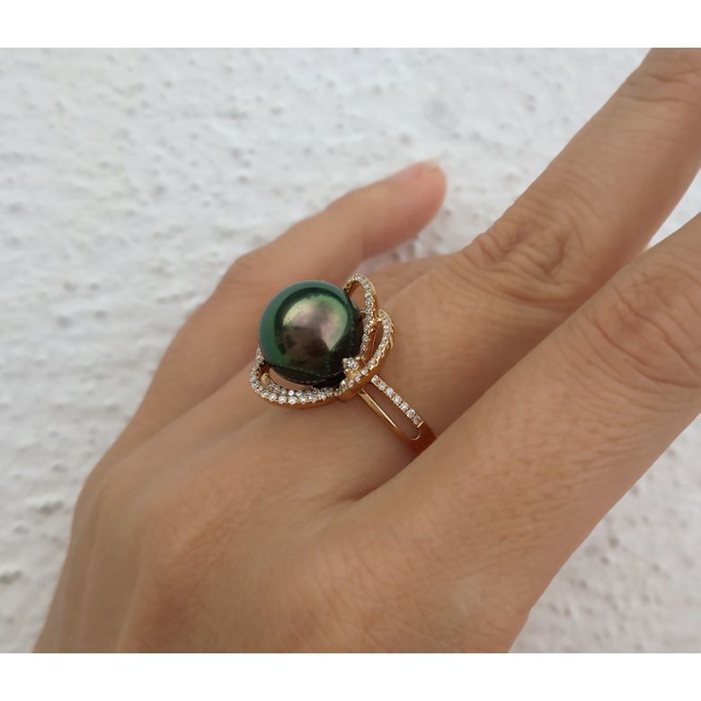 Bague fleur - Un matin de rosé - Perle de Tahiti, or blanc, diamants - 6