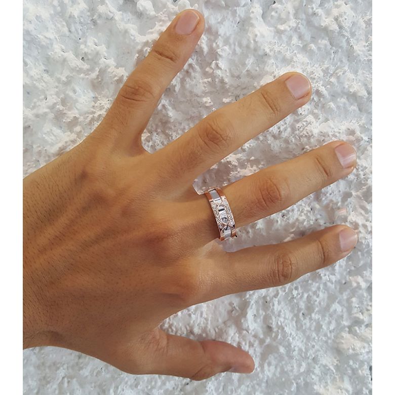 Bague homme histoire d'or contemporaine. Or rose & blanc, Diamant - 2