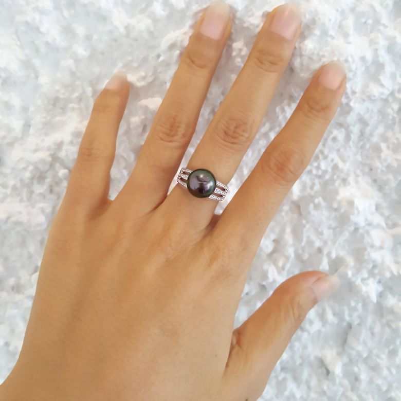 Bague perle de Tahiti - Or blanc - Pavage diamants micro sertis - 3