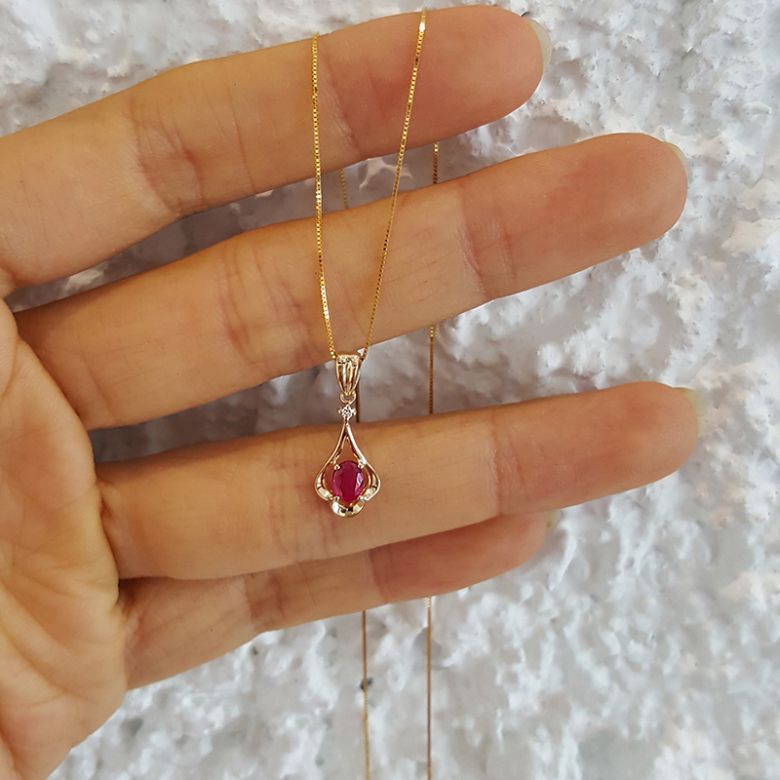 Pendentif solitaire - Or jaune - Rubis et diamant en pendeloque - 5