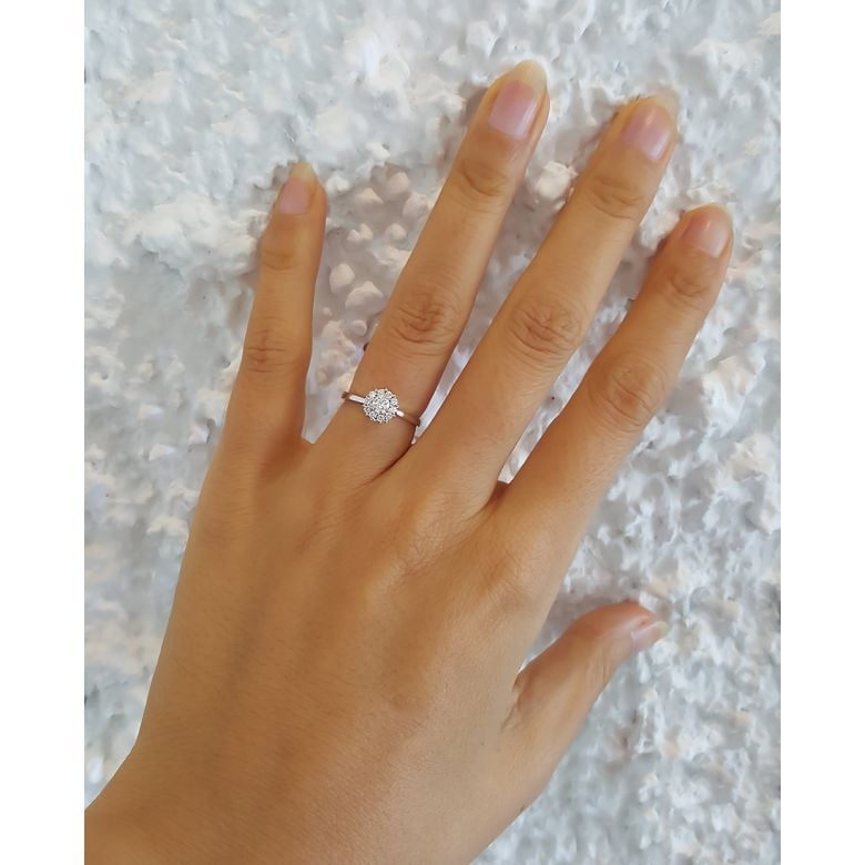 Solitaire bague or blanc - Coeur caillouté - Pavage diamants 0.33ct - 6