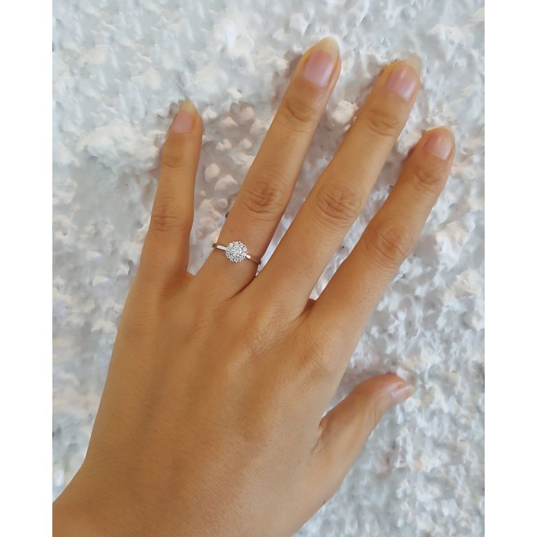 Solitaire bague platine - Coeur caillouté - Pavage diamants 0.33ct - 2