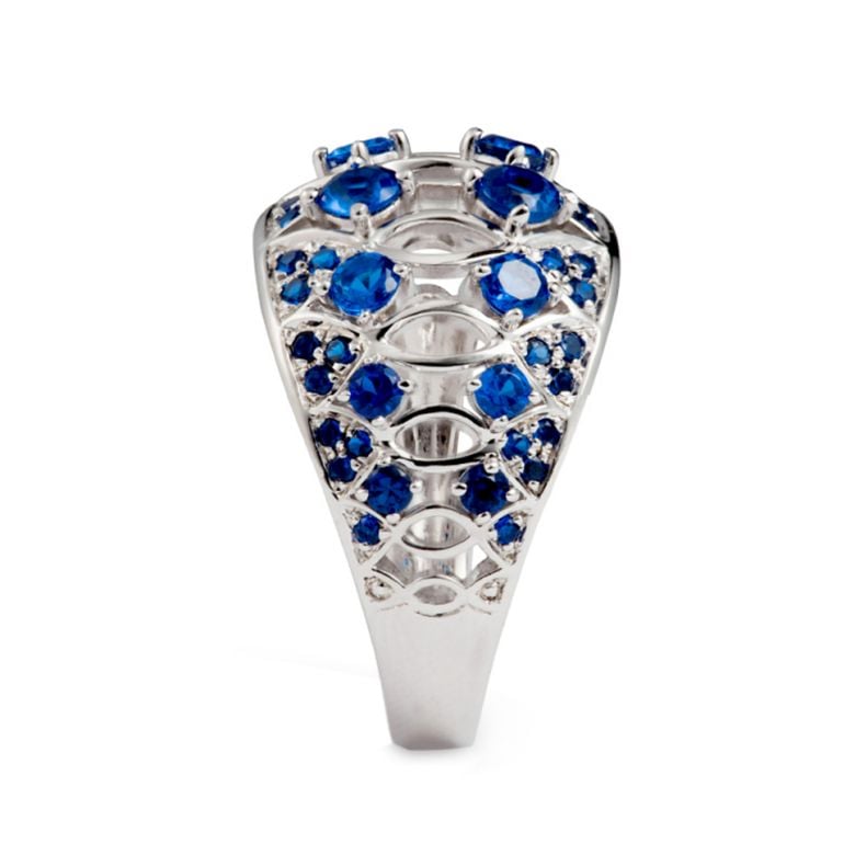 Bague saphir & or blanc ciselé - 7