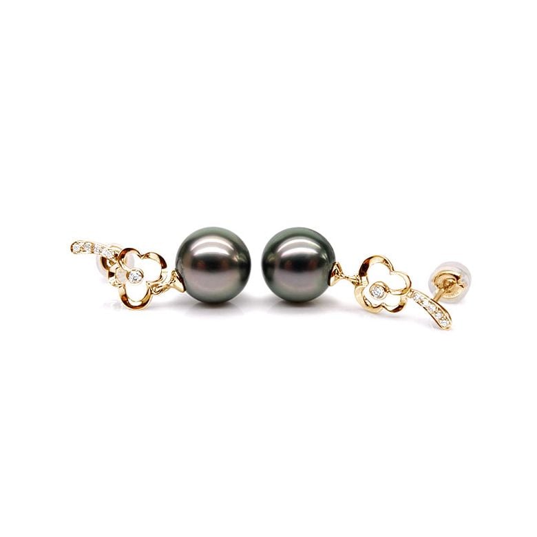 Boucles oreilles fleurs - Pendants perles de Tahiti - Or jaune, diamants - 2