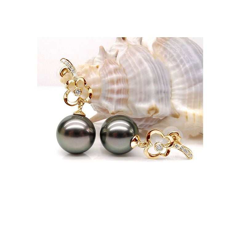 Boucles oreilles fleurs - Pendants perles de Tahiti - Or jaune, diamants - 3