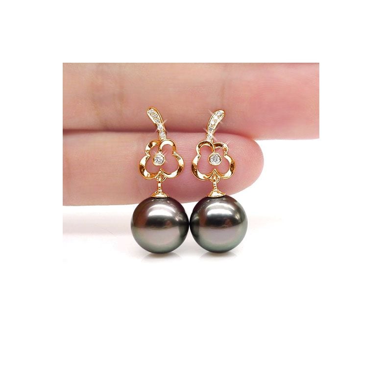 Boucles oreilles fleurs - Pendants perles de Tahiti - Or jaune, diamants - 4