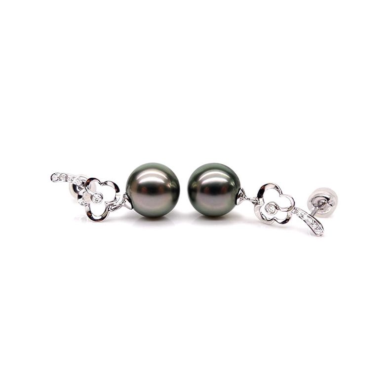 Boucles oreilles fleurs - Pendants perles de Tahiti - Or blanc, diamants - 3