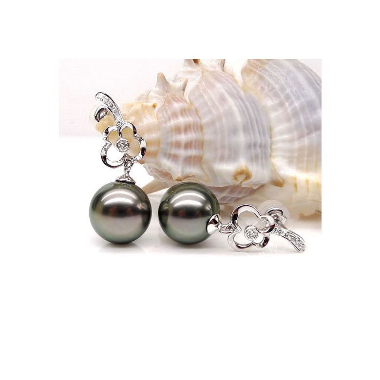 Boucles oreilles fleurs - Pendants perles de Tahiti - Or blanc, diamants - 4