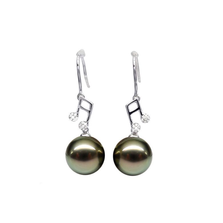 Boucles d'oreilles notes de musique - Crochets or blanc - Perles de Tahiti - 1
