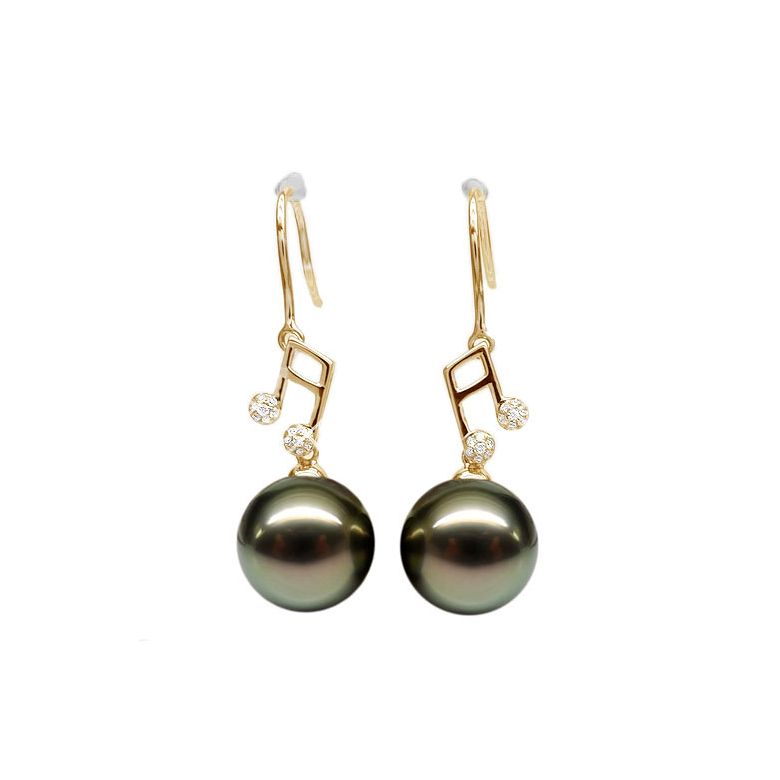 Boucles d'oreilles notes de musique - Crochets or jaune - Perles de Tahiti - 1