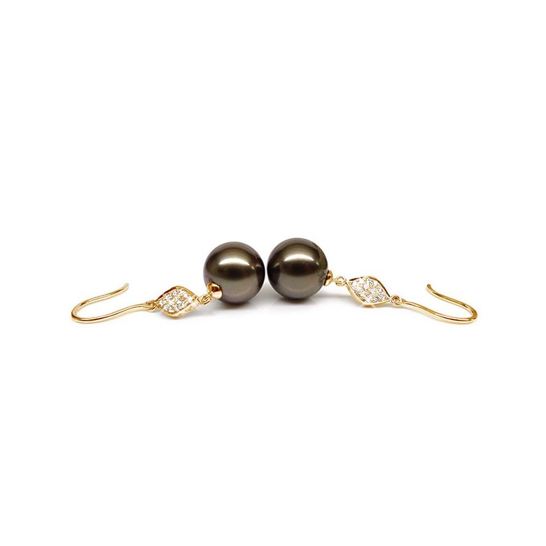 Boucles oreilles - Crochets perles de Tahiti -  Or jaune, diamants pavés - 3