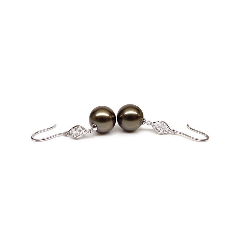Boucles oreilles - Crochets perles de Tahiti -  Or blanc, diamants pavés - 3