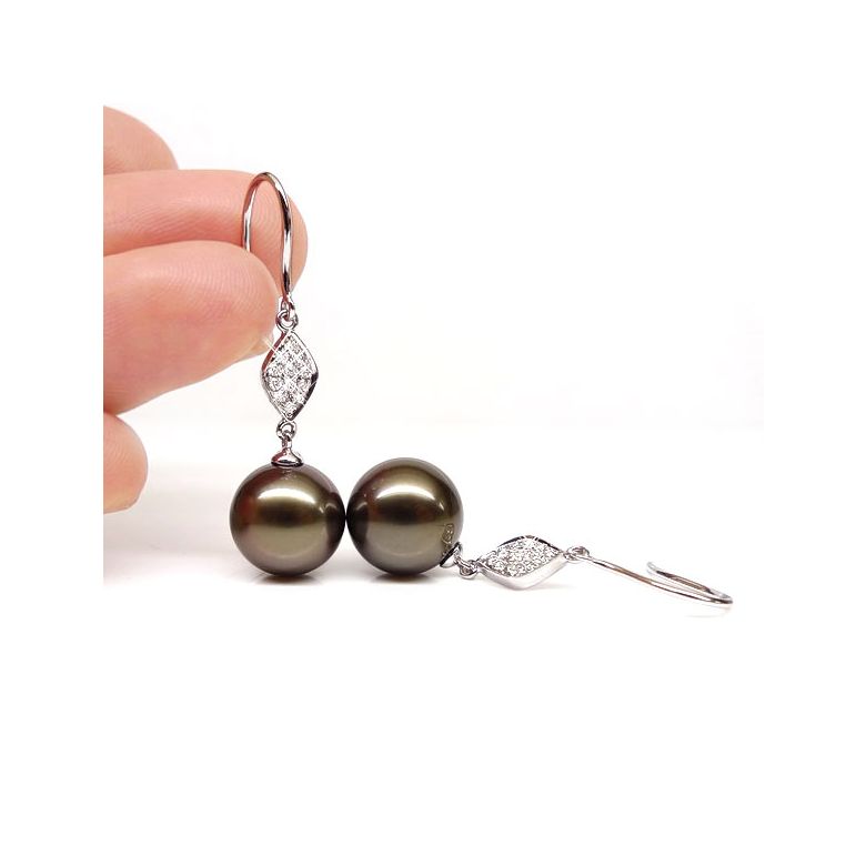 Boucles oreilles - Crochets perles de Tahiti -  Or blanc, diamants pavés - 2