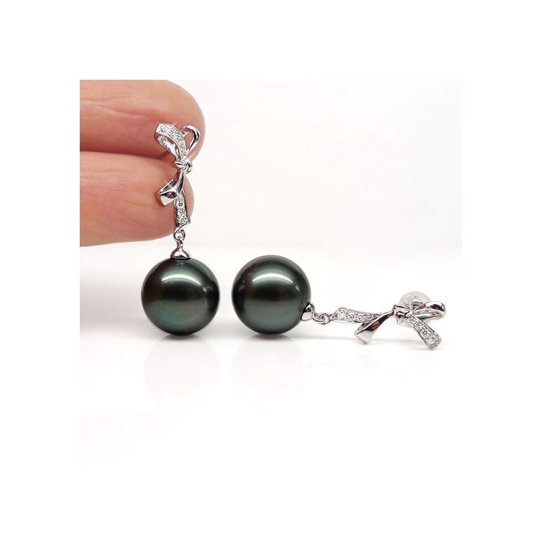Boucles oreilles ganses - Noeuds papillons - Perles de Tahiti - Or blanc - 2