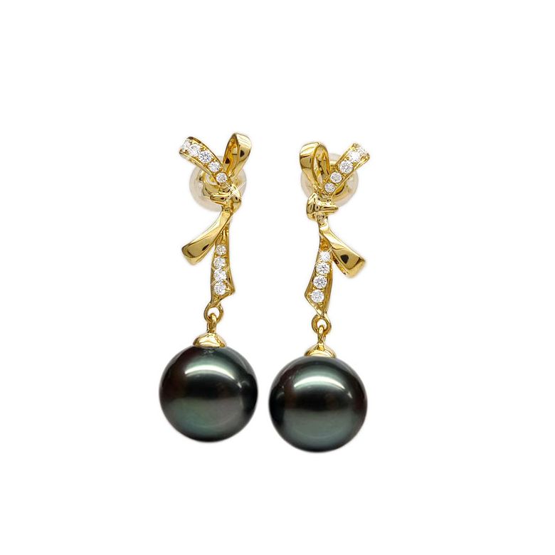 Boucles oreilles ganses - Noeuds papillons - Perles de Tahiti - Or jaune - 1