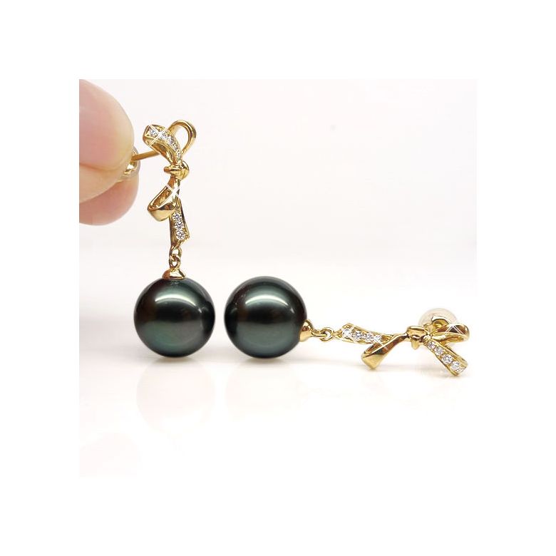 Boucles oreilles ganses - Noeuds papillons - Perles de Tahiti - Or jaune - 2