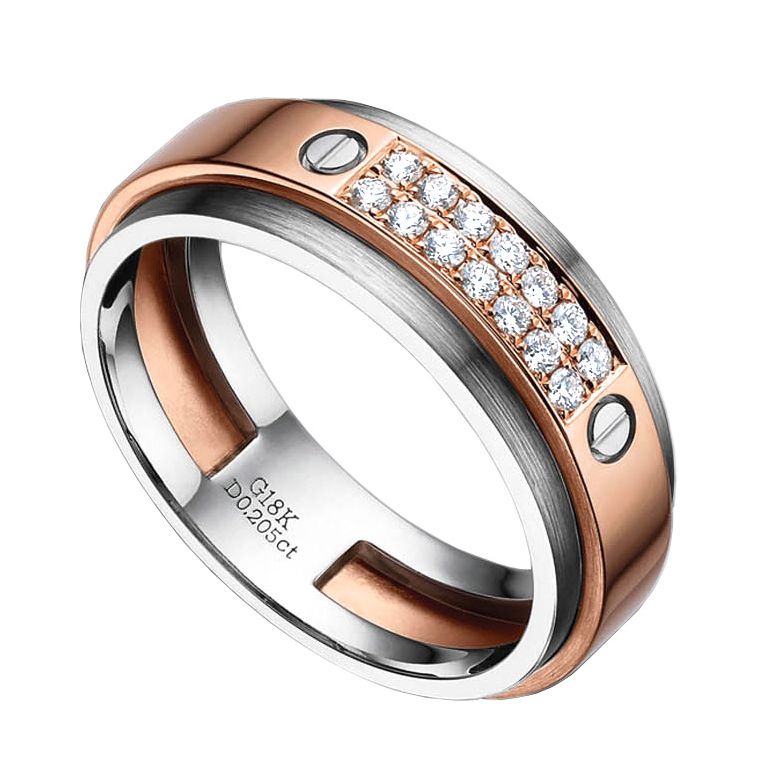 Bague pour homme métal or blanc brossé et rose poli - Diamants - 1