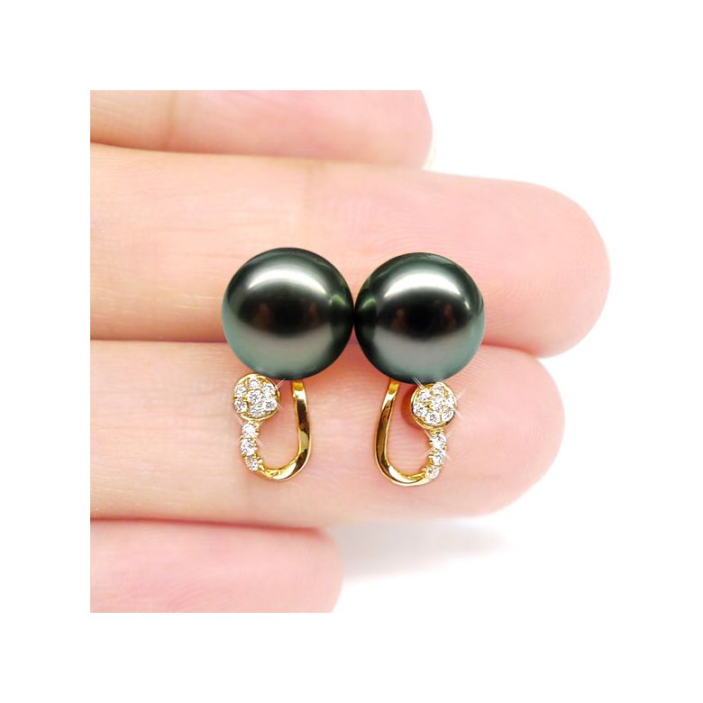 Boucles oreilles - Pendants perles Tahiti noires - Or jaune, diamants - 2