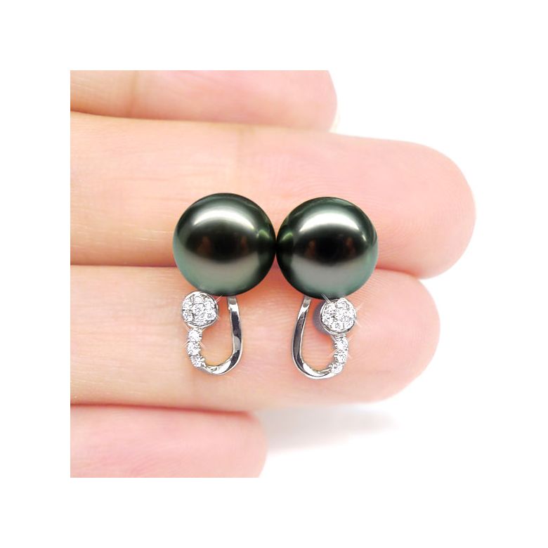 Boucles oreilles - Pendants perles Tahiti noires - Or blanc, diamants - 2