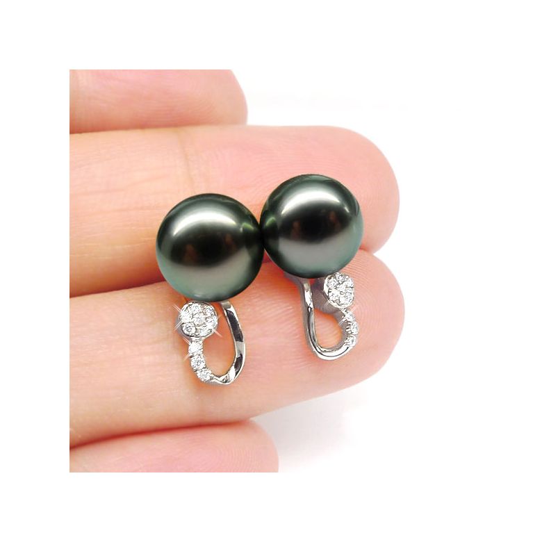 Boucles oreilles - Pendants perles Tahiti noires - Or blanc, diamants - 3