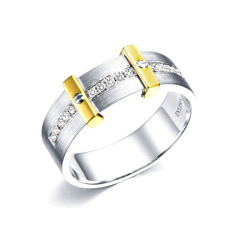 Bague pour homme barrée de diamants - 2 ors jaune et blanc - 1