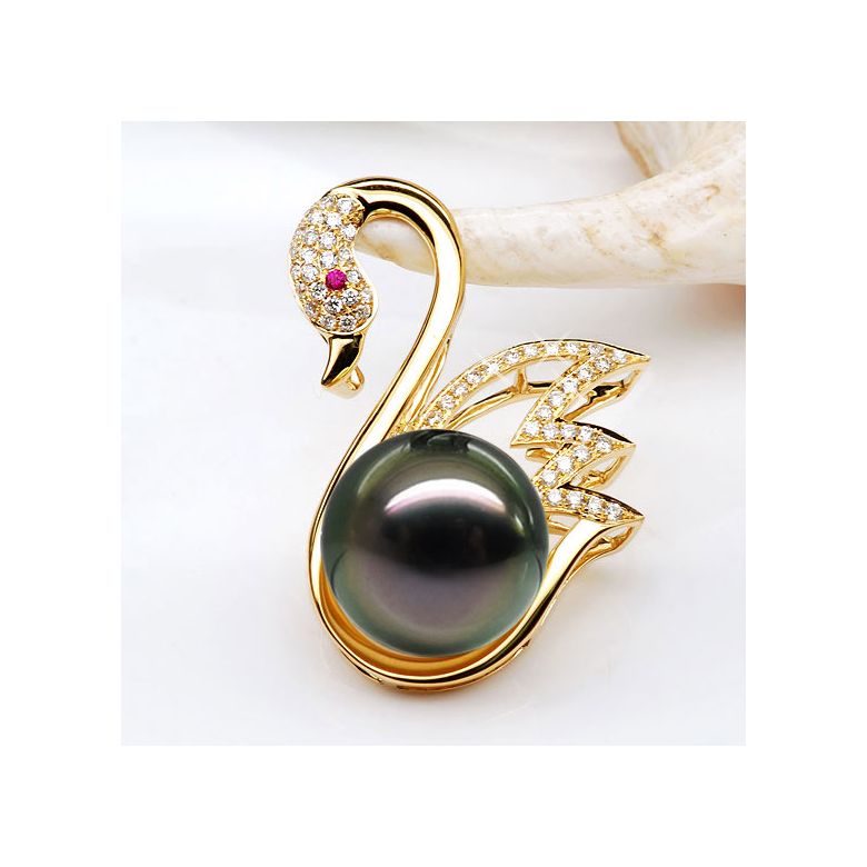 Pendentif cygne - Perle de Tahiti - Or jaune, diamants, saphir rose - 5