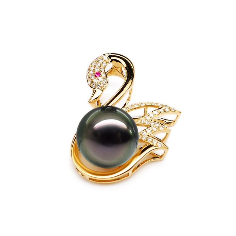 Pendentif cygne - Perle de Tahiti - Or jaune, diamants, saphir rose - 1