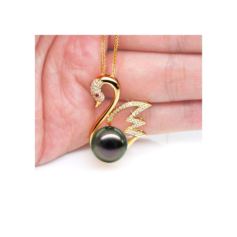 Pendentif cygne - Perle de Tahiti - Or jaune, diamants, saphir rose - 3