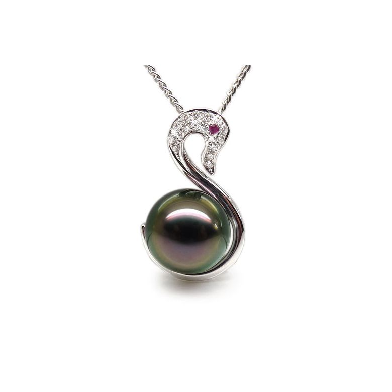 Pendentif cygne or blanc - Perle de Tahiti - Diamants, saphir rose - 1