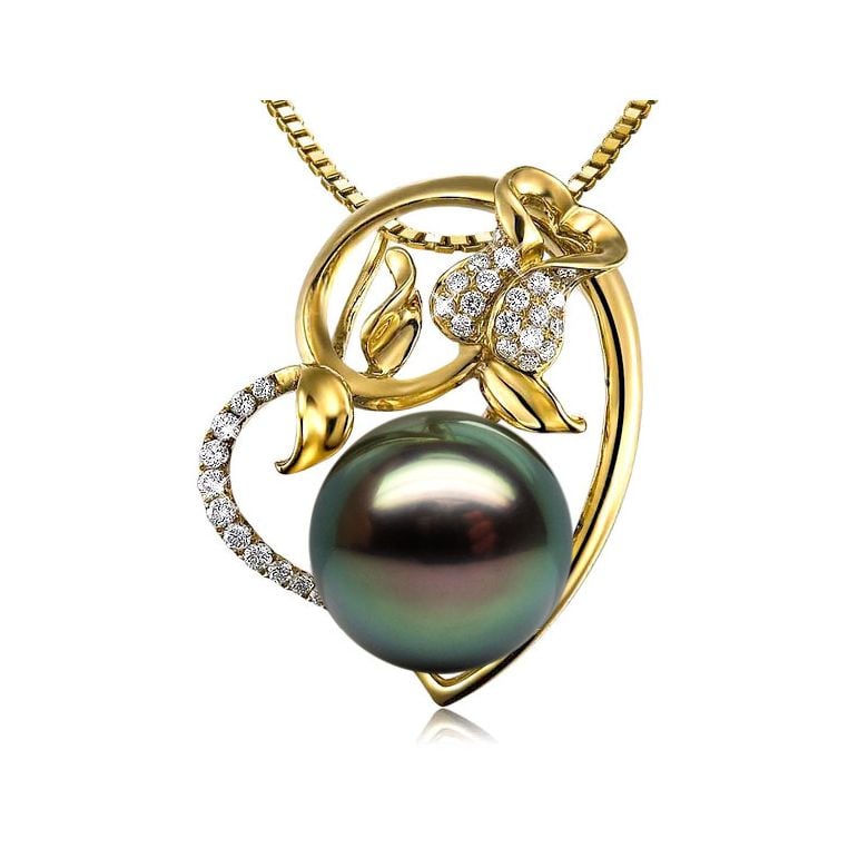 Pendentif rose forme coeur - Perle de Tahiti - Or jaune, diamants pavés - 1