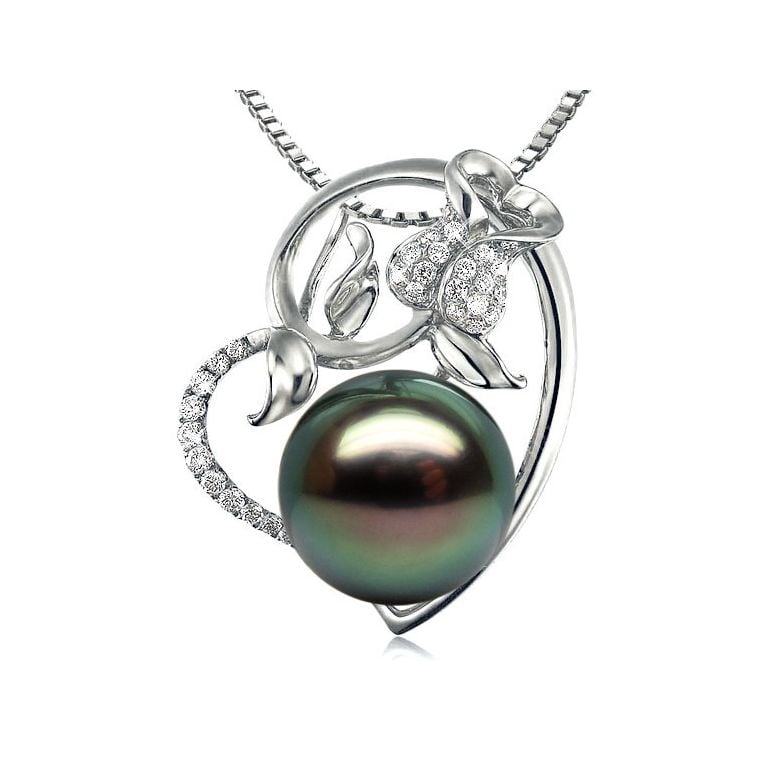 Pendentif rose forme coeur - Perle de Tahiti - Or blanc, diamants pavés - 1