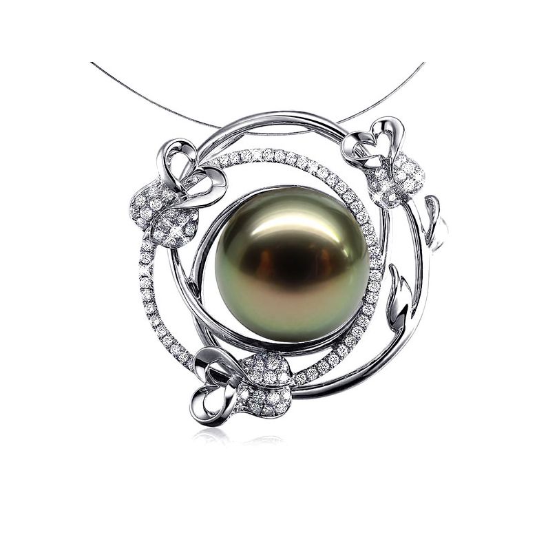 Pendentif la vie en rose - Perle de Tahiti - 3 roses or blanc, diamants - 4