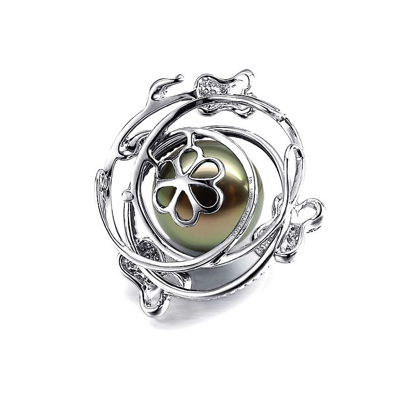 Pendentif la vie en rose - Perle de Tahiti - 3 roses or blanc, diamants - 5
