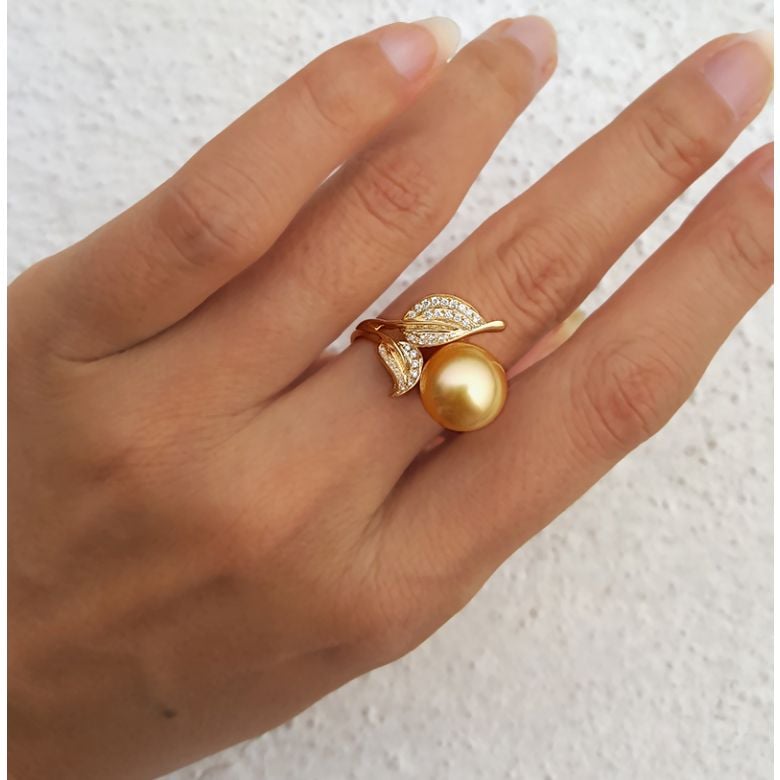 Bague feuilles de jasmin - Perle d'Australie dorée - Or jaune, diamants - 3