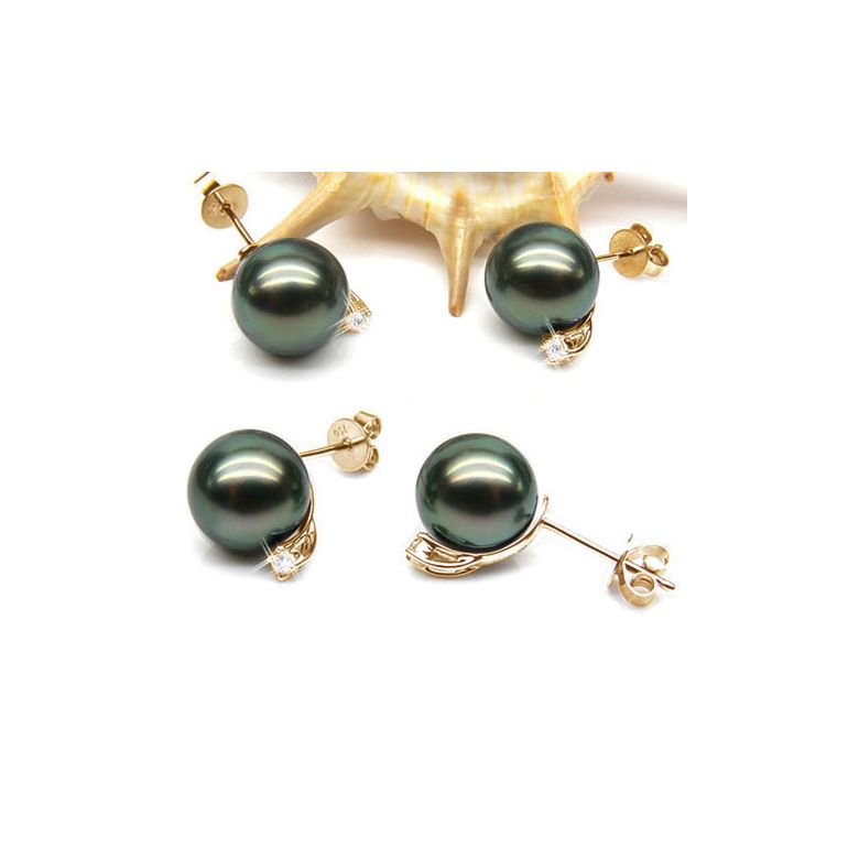 Boucles oreilles perles - Clous or jaune - Perle de Tahiti - Puces diamants - 2