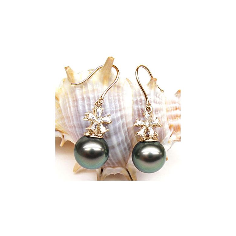 Boucles d'oreilles perles Tahiti - Création florale - Or jaune, diamants - 2