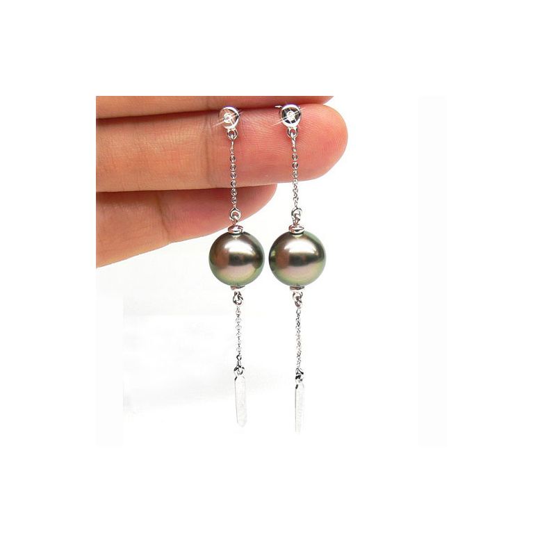 Boucles oreilles perles de Tahiti - Chaine gourmette - Or blanc, diamants - 2