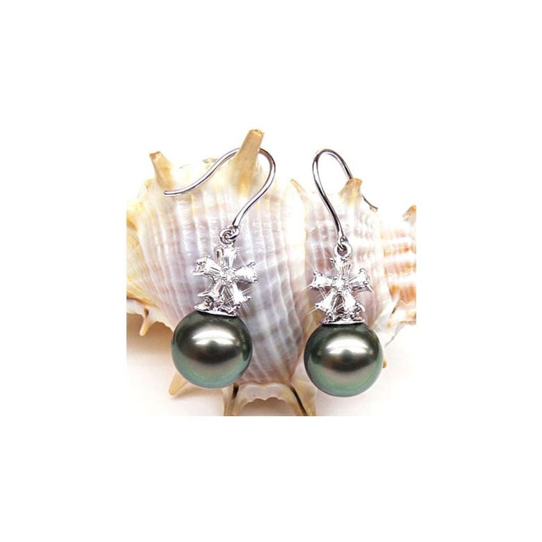 Boucles d'oreilles perles Tahiti - Création florale - Or blanc, diamants - 2